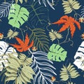 Tropical different leaves with exotic flowers. Vector.